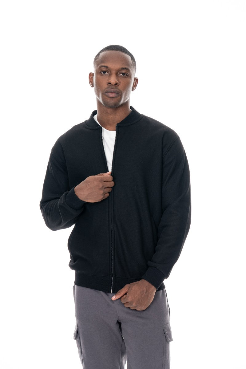 جاكيت قطني بسحاب وياقة عالية - أسود