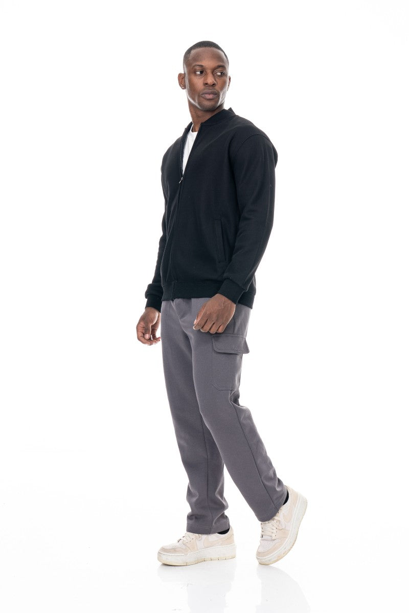 جاكيت قطني بسحاب وياقة عالية - أسود