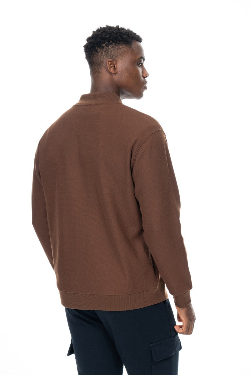 جاكيت قطني بسحاب وياقة عالية - بني