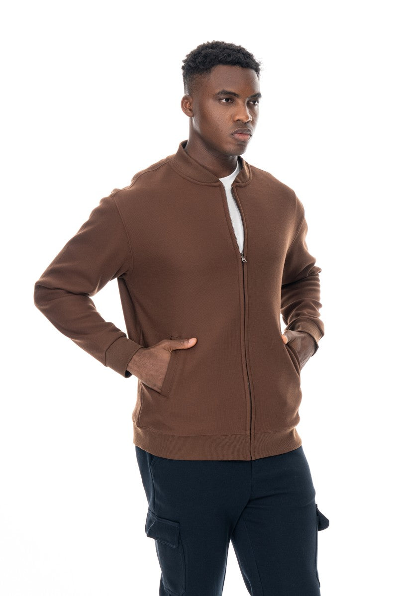 جاكيت قطني بسحاب وياقة عالية - بني