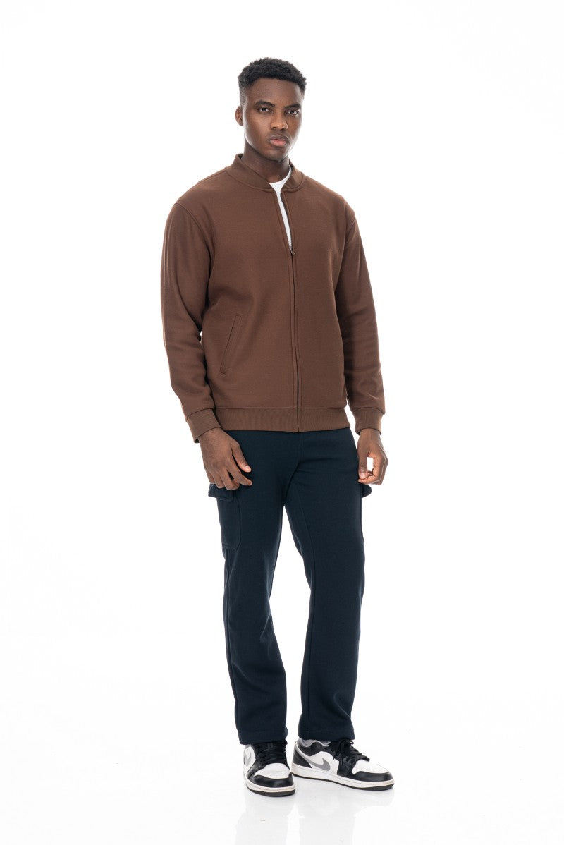 جاكيت قطني بسحاب وياقة عالية - بني