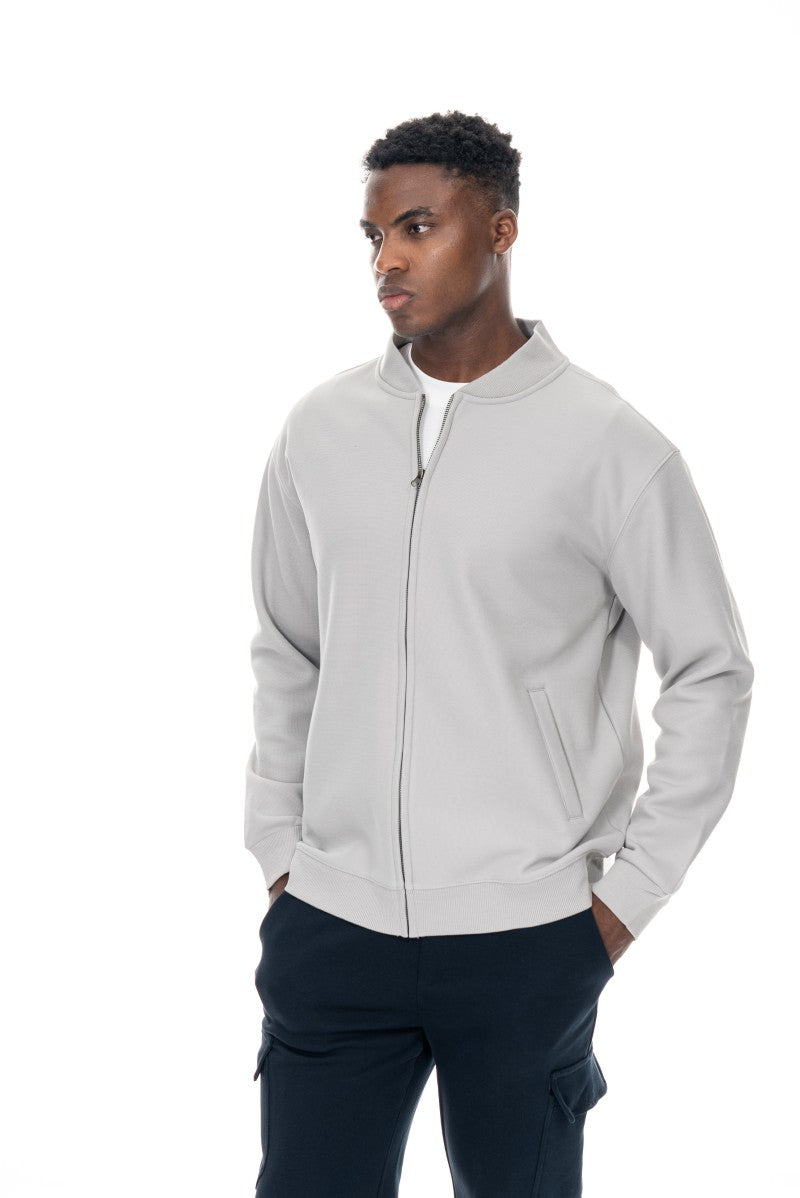 جاكيت قطني بسحاب وياقة عالية - رمادي فاتح