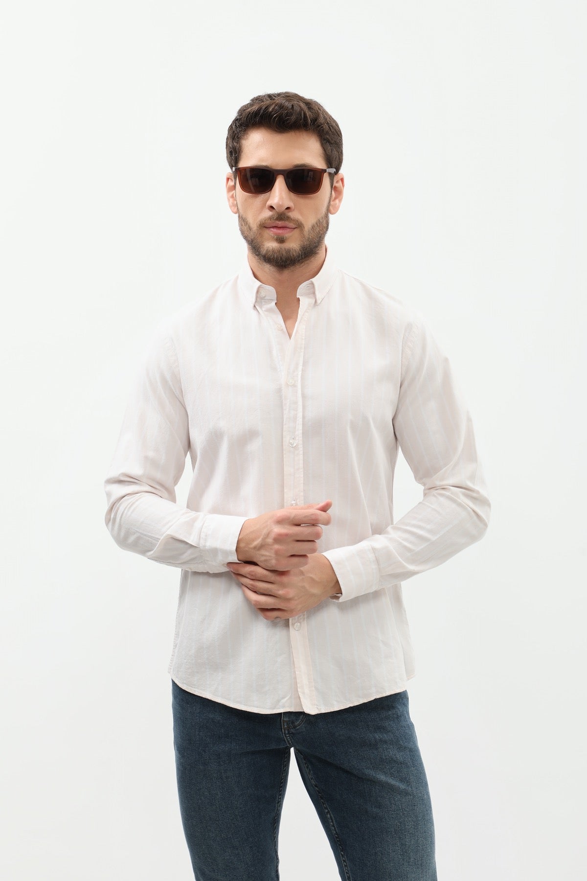 SHIRTSPRO Striped Oxford Regular Fit Shirt - Button-Down Collar - Beige