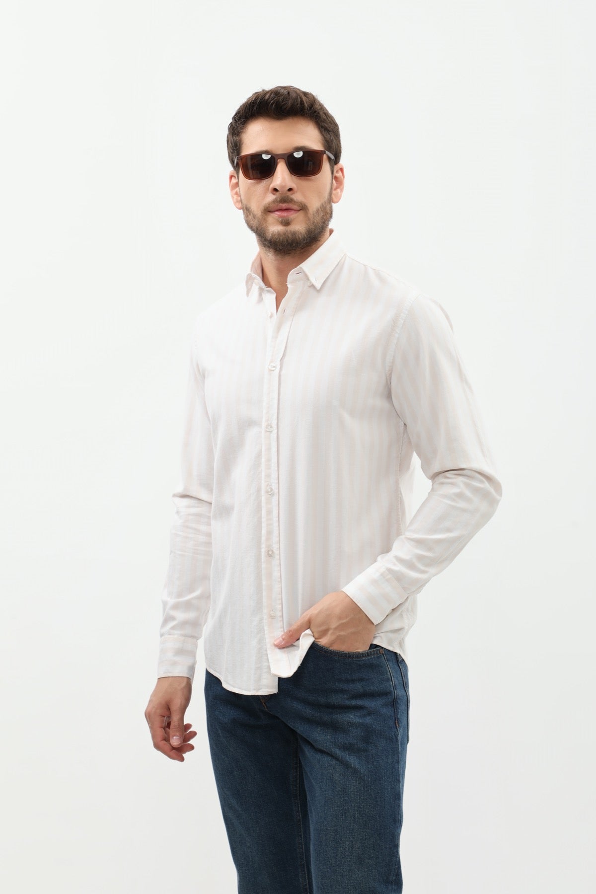 SHIRTSPRO Striped Oxford Regular Fit Shirt - Button-Down Collar - Beige