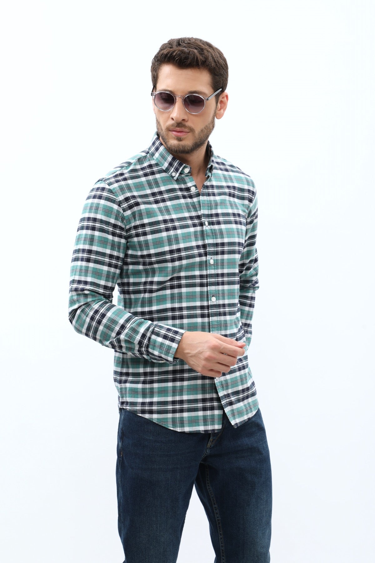 SHIRTSPRO Checked Oxford Regular Fit Shirt - Button-Down Collar - Beryl Green