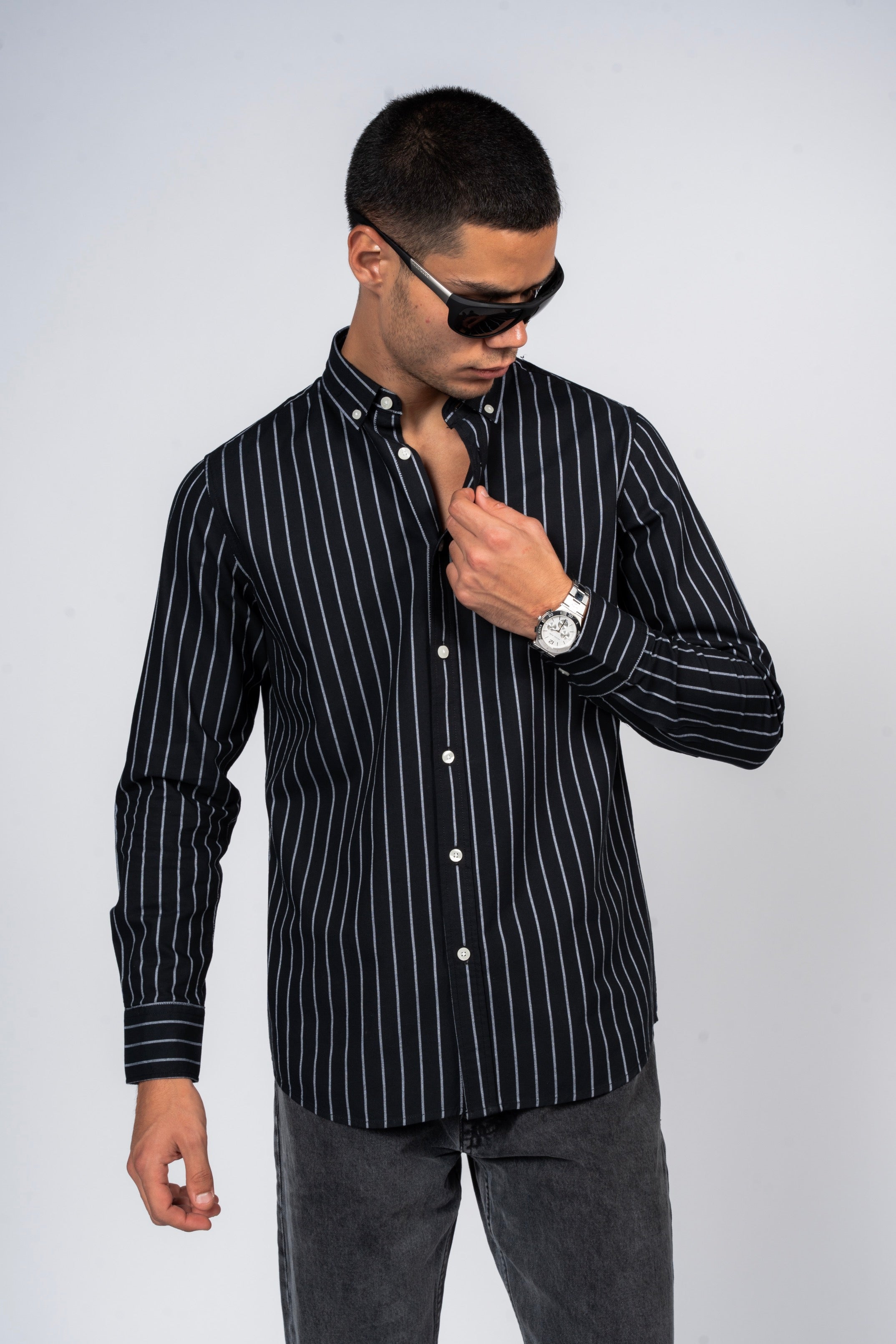 DNM UNITED Striped Smart Fit Shirt - Button-Down Collar - Black