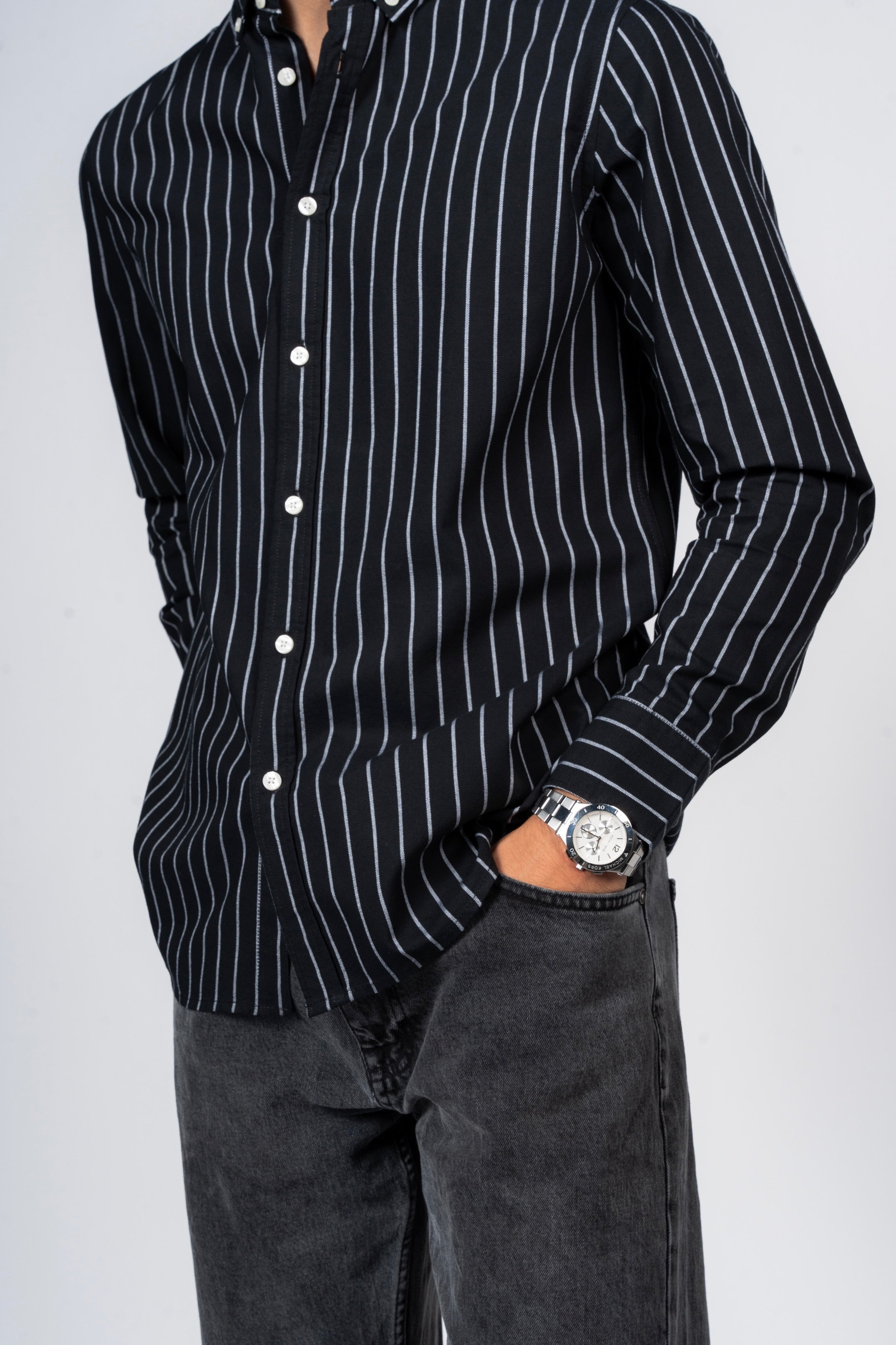 DNM UNITED Striped Smart Fit Shirt - Button-Down Collar - Black