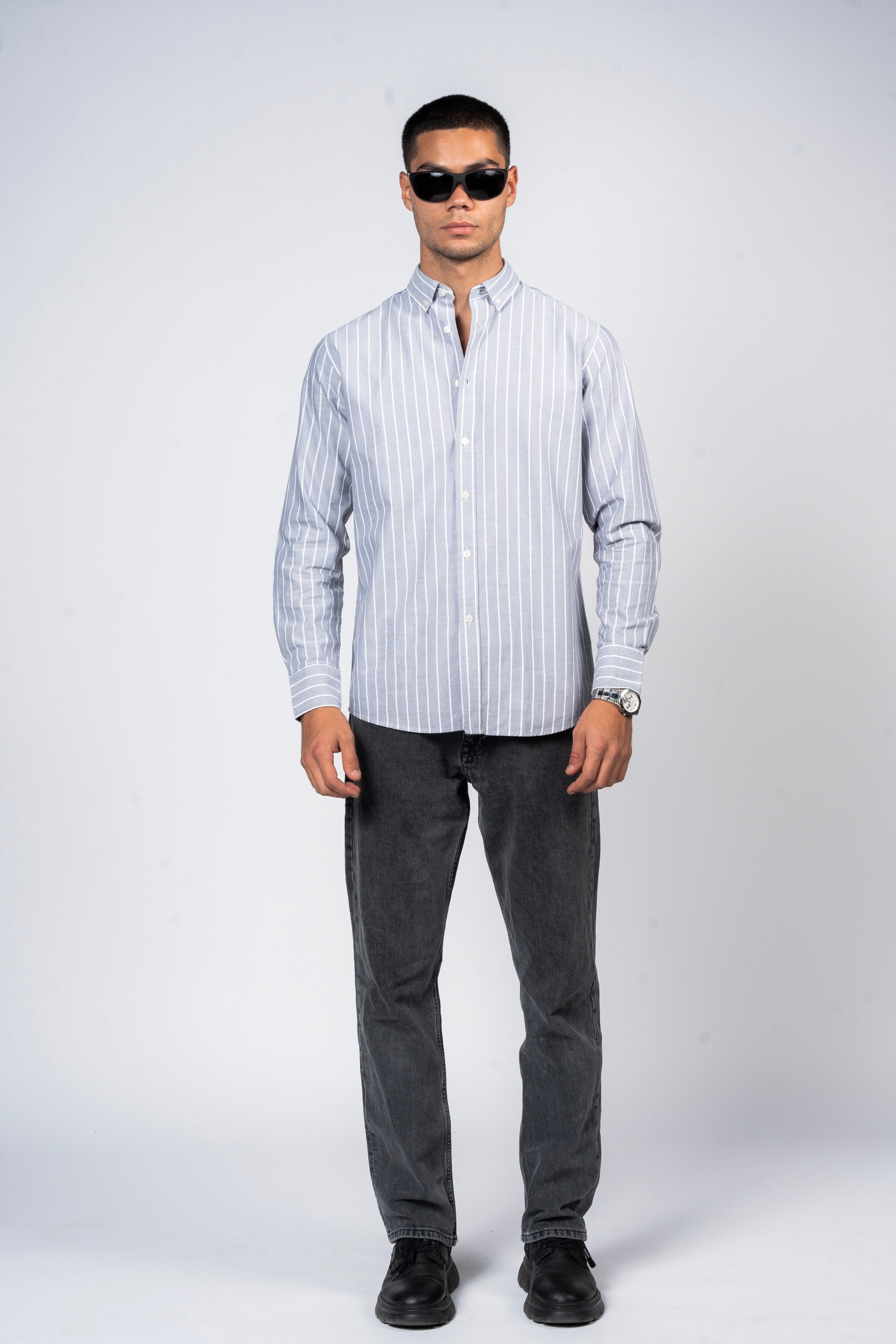DNM UNITED Striped Smart Fit Shirt - Button-Down Collar - Grey