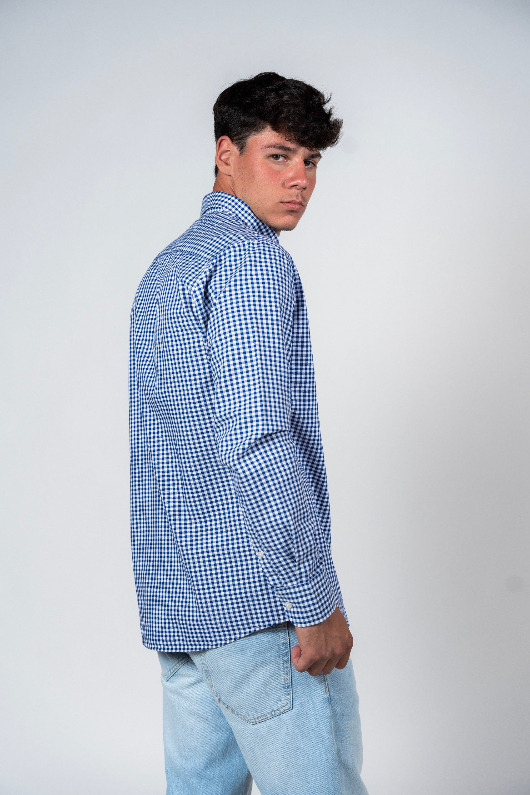 DNM UNITED Checked Smart Fit Shirt - Button-Down Collar - Navy