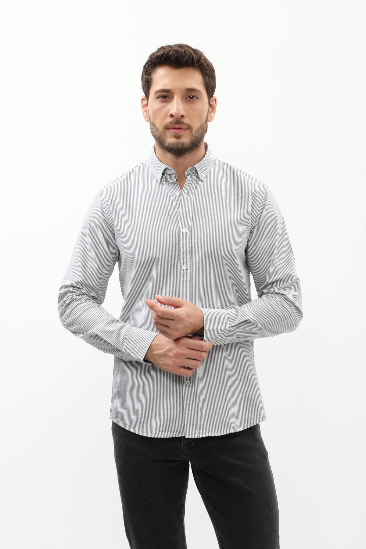 SHIRTSPRO Striped Regular Fit Shirt - Button-Down Collar - Black