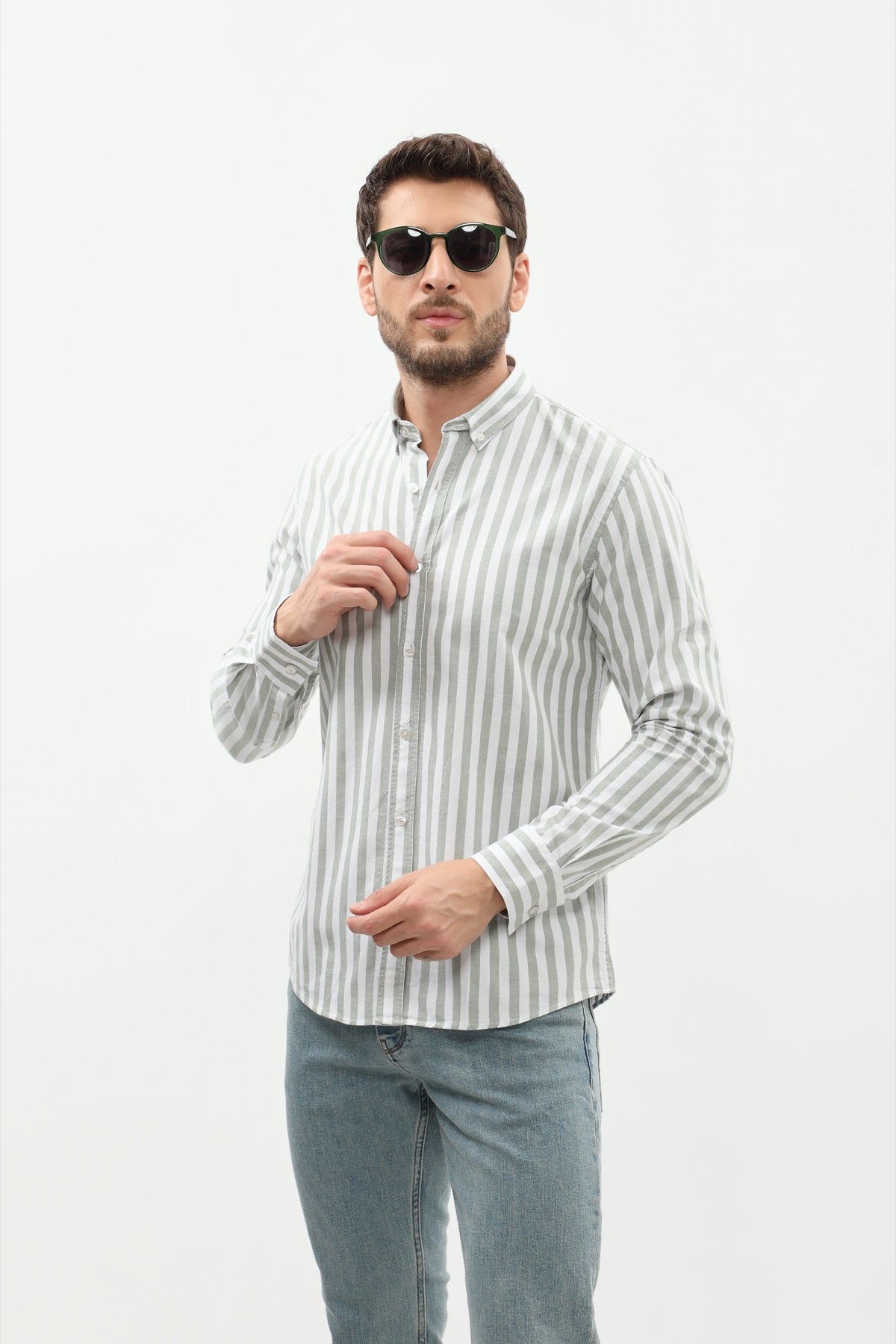 SHIRTSPRO Striped Regular Fit Shirt - Button-Down Collar - Green