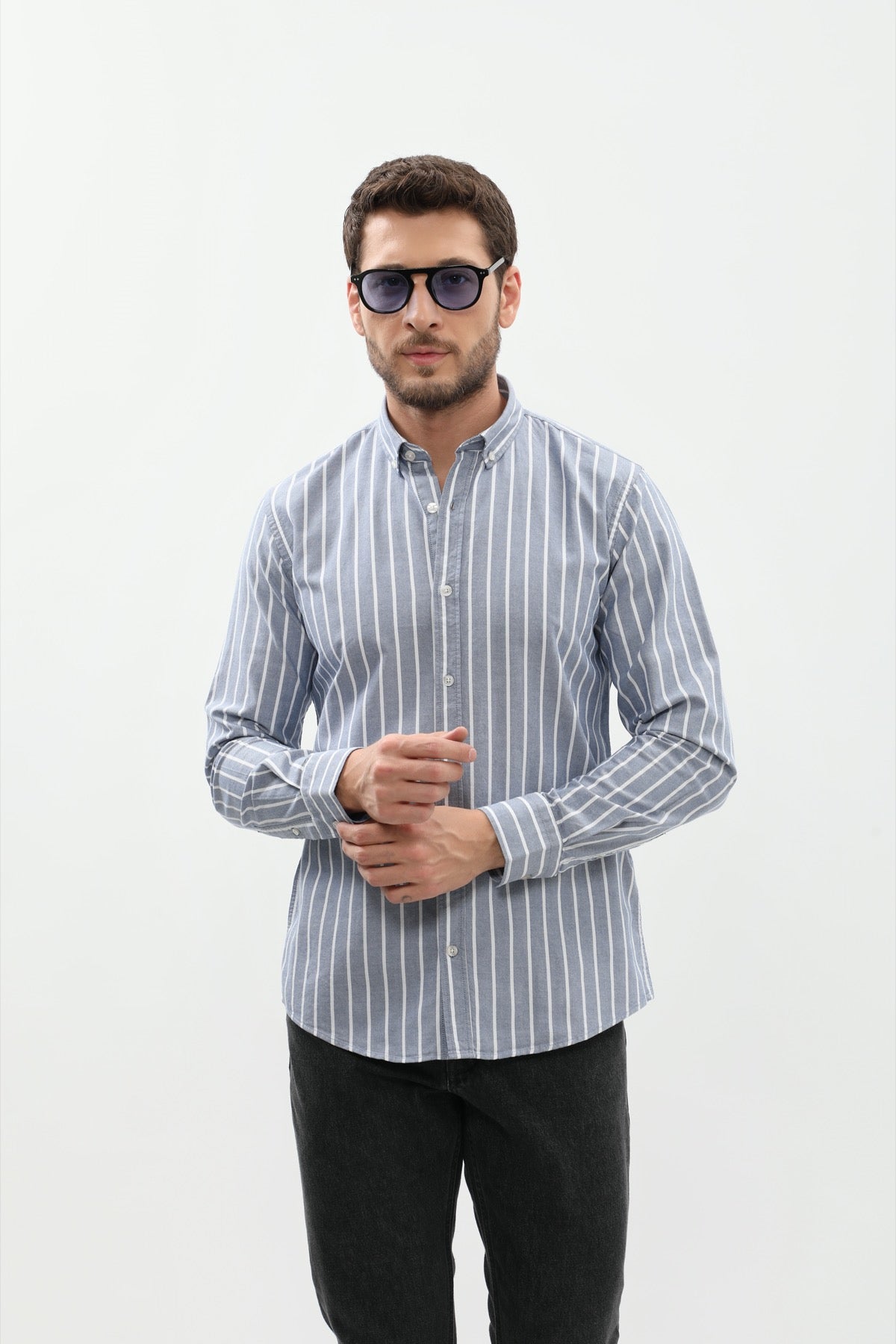 SHIRTSPRO Striped Regular Fit Shirt - Button-Down Collar - Navy