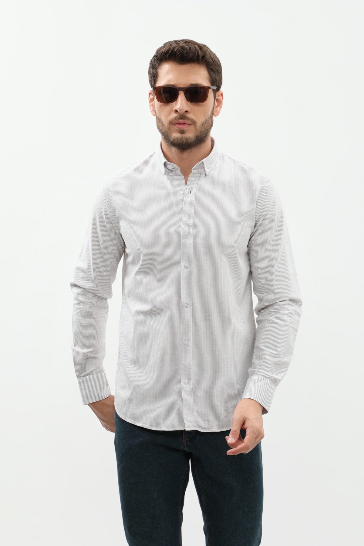 SHIRTSPRO Striped Regular Fit Shirt - Button-Down Collar - Khaki