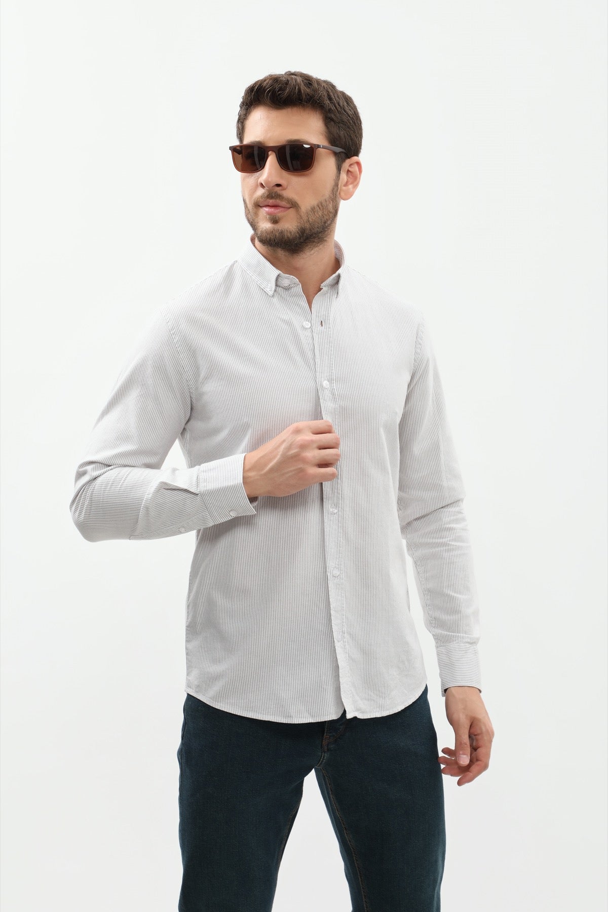 SHIRTSPRO Striped Regular Fit Shirt - Button-Down Collar - Khaki
