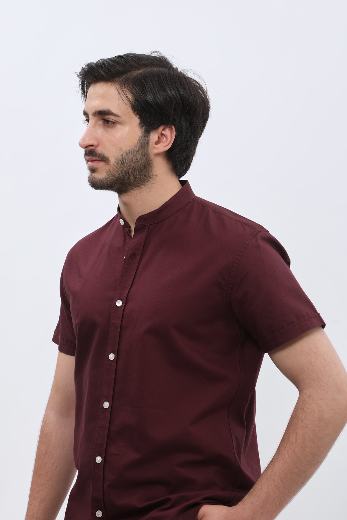 SHIRTSPRO Oxford Regular Fit Short Sleeve Shirt - Mao Collar - Dark Bordeaux