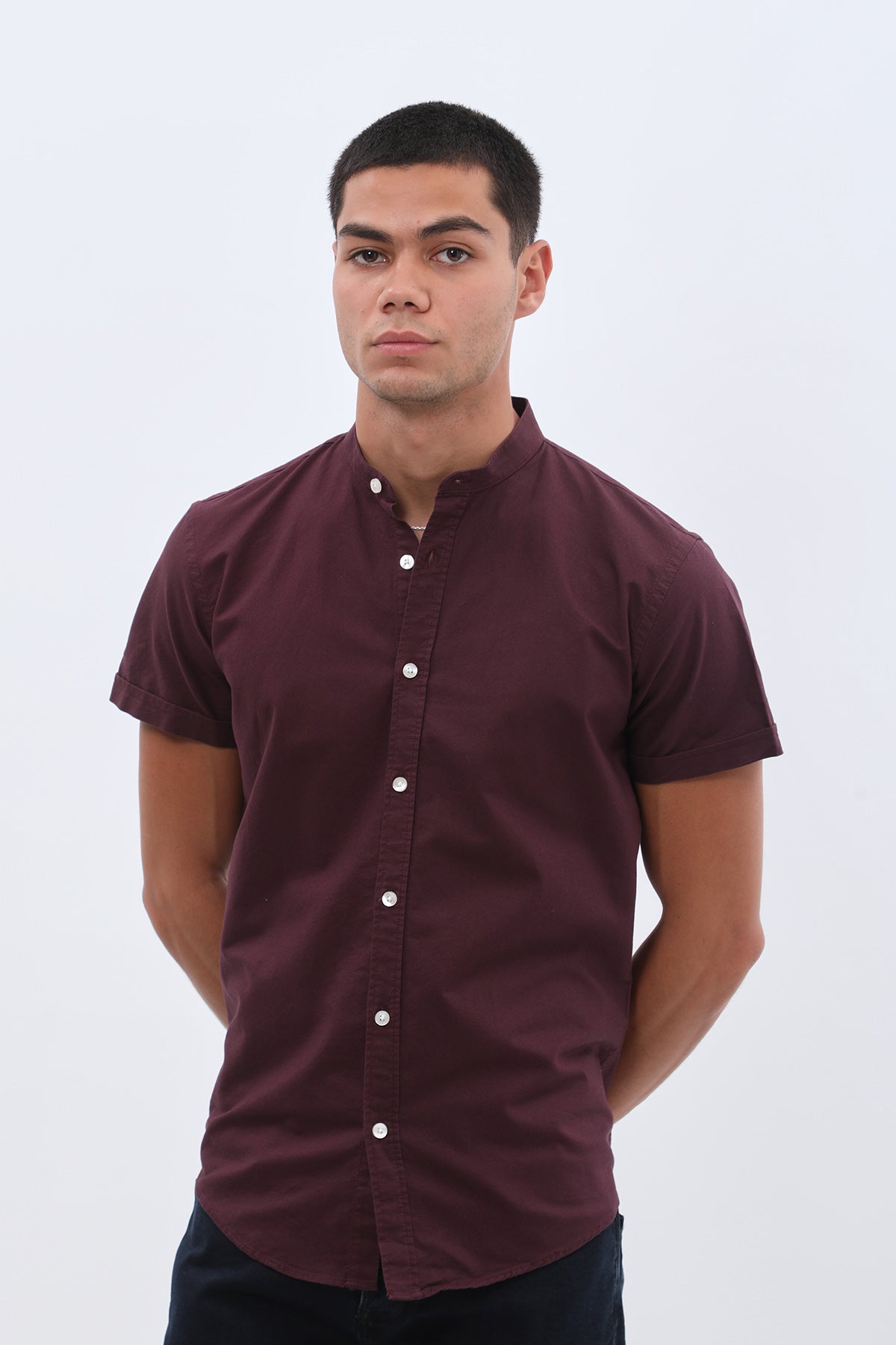 SHIRTSPRO Oxford Regular Fit Short Sleeve Shirt - Mao Collar - Purple