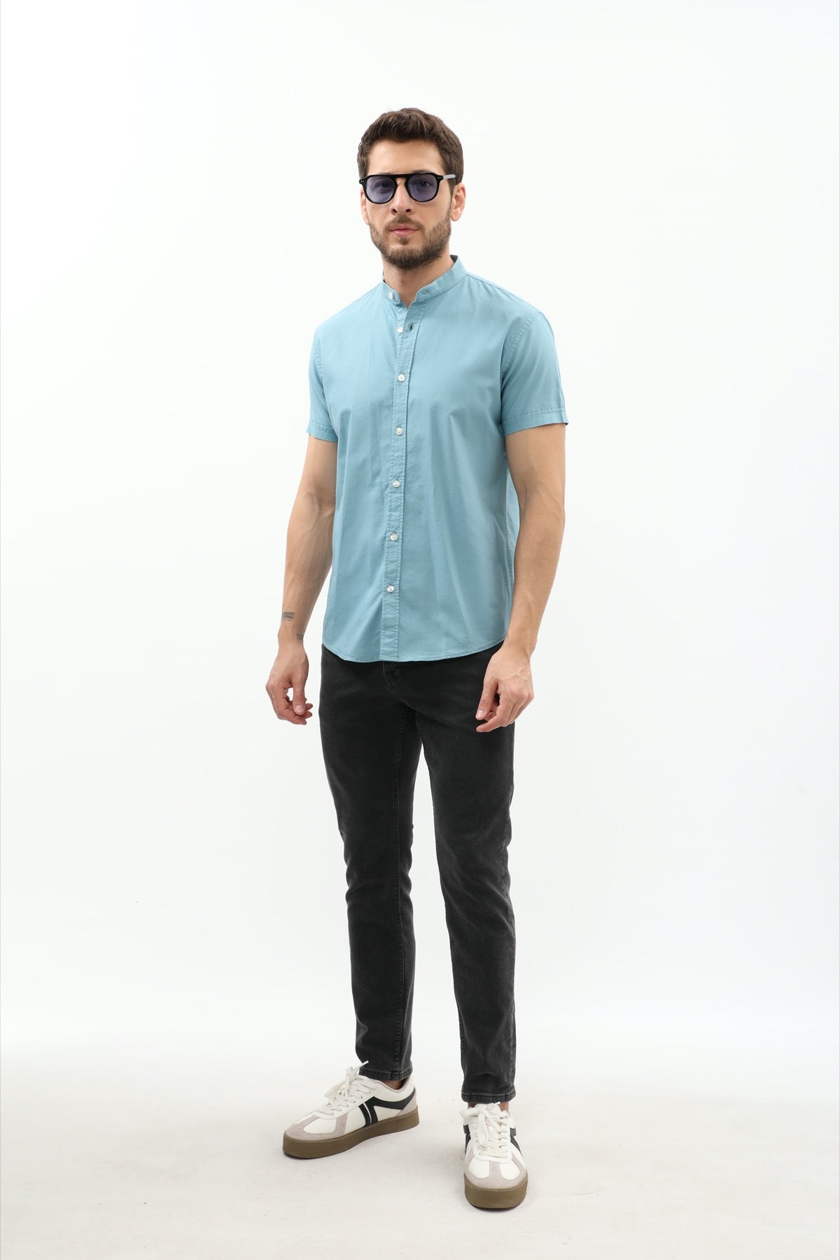 SHIRTSPRO Oxford Regular Fit Short Sleeve Shirt - Mao Collar - Adriatic