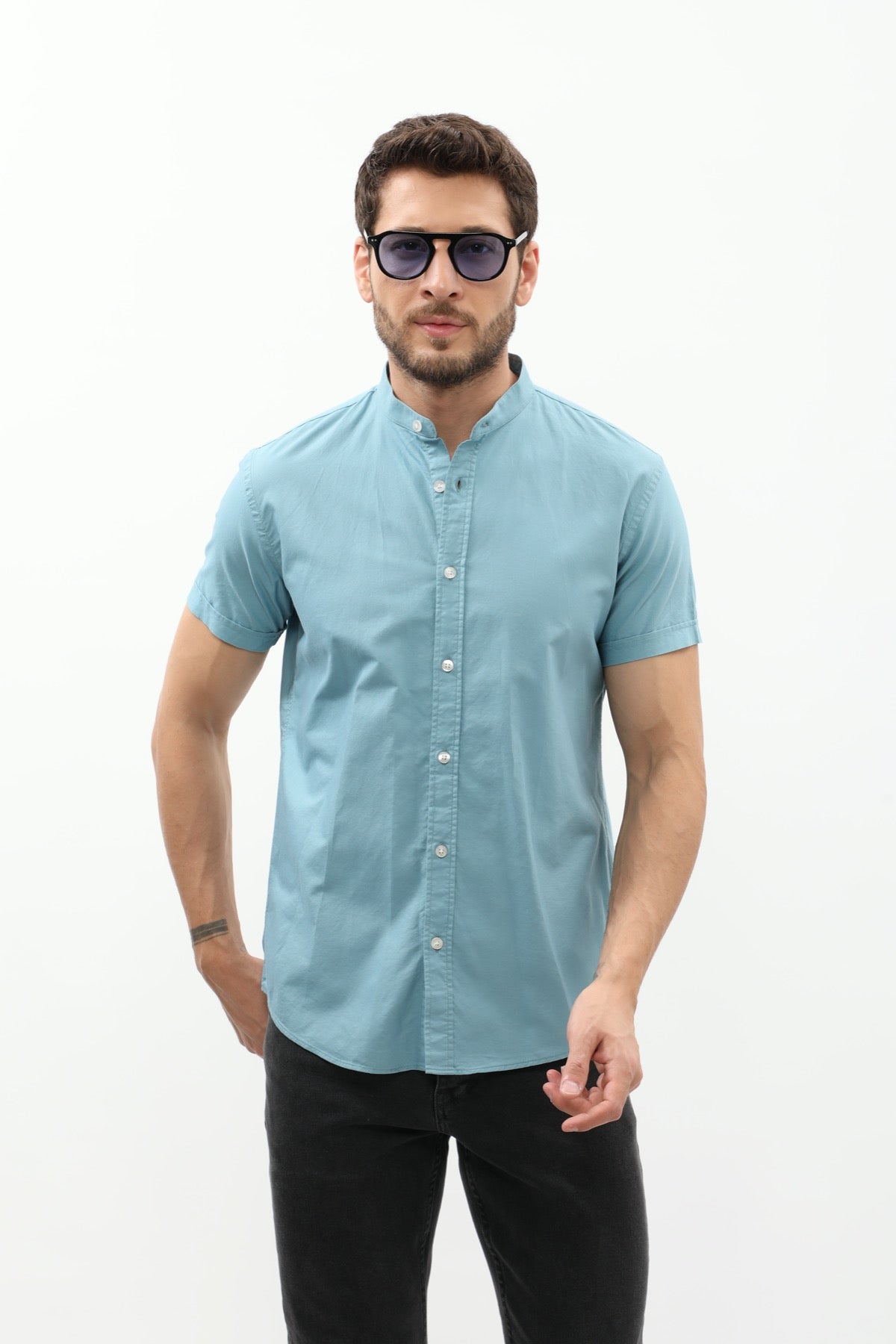 SHIRTSPRO Oxford Regular Fit Short Sleeve Shirt - Mao Collar - Adriatic