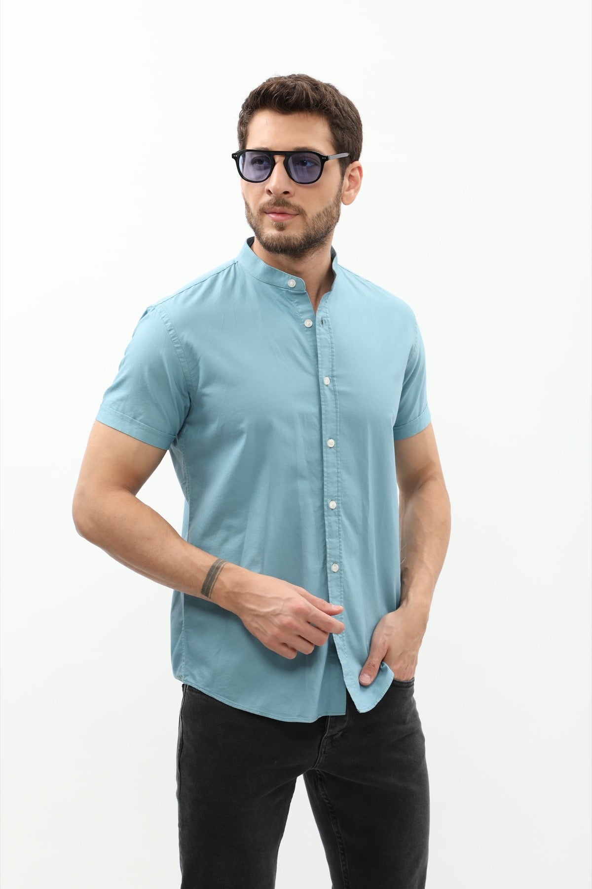 SHIRTSPRO Oxford Regular Fit Short Sleeve Shirt - Mao Collar - Adriatic