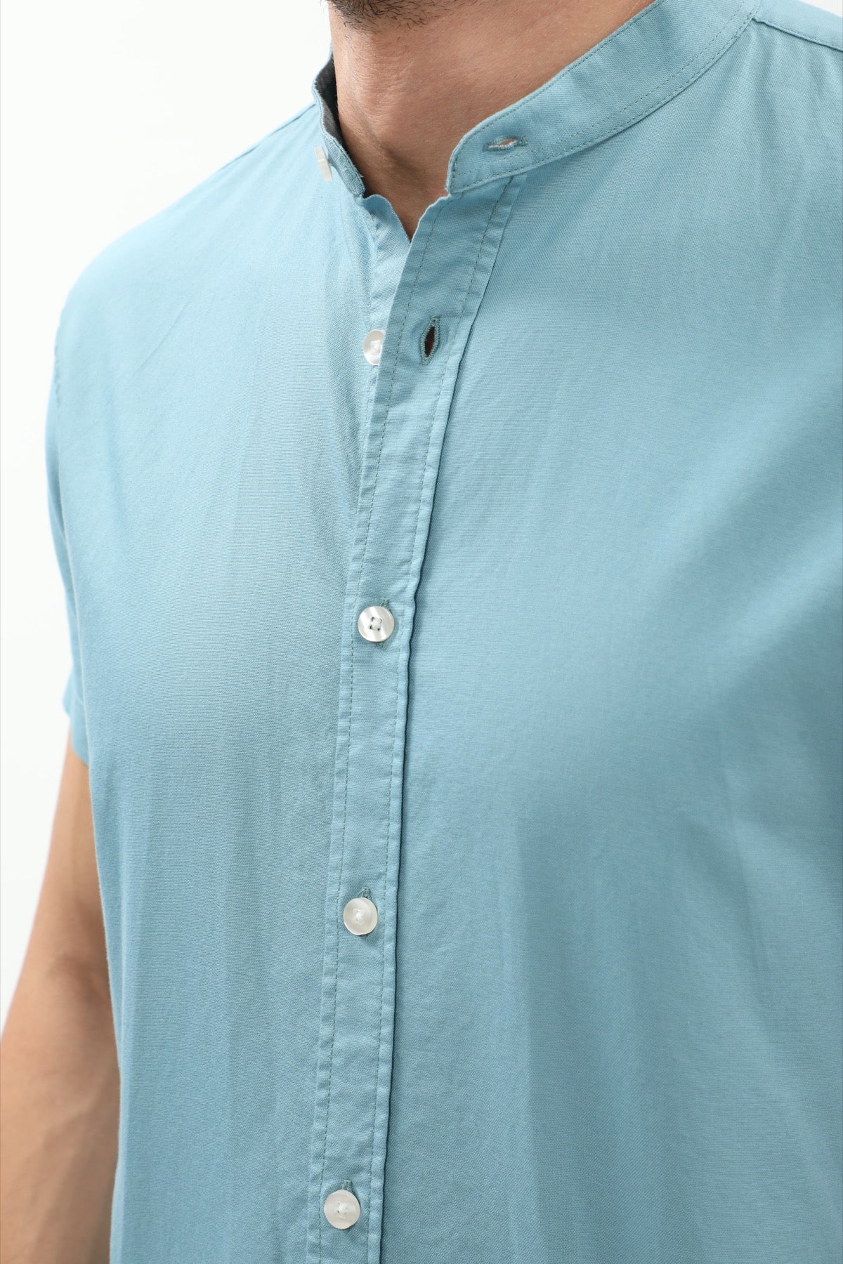 SHIRTSPRO Oxford Regular Fit Short Sleeve Shirt - Mao Collar - Adriatic