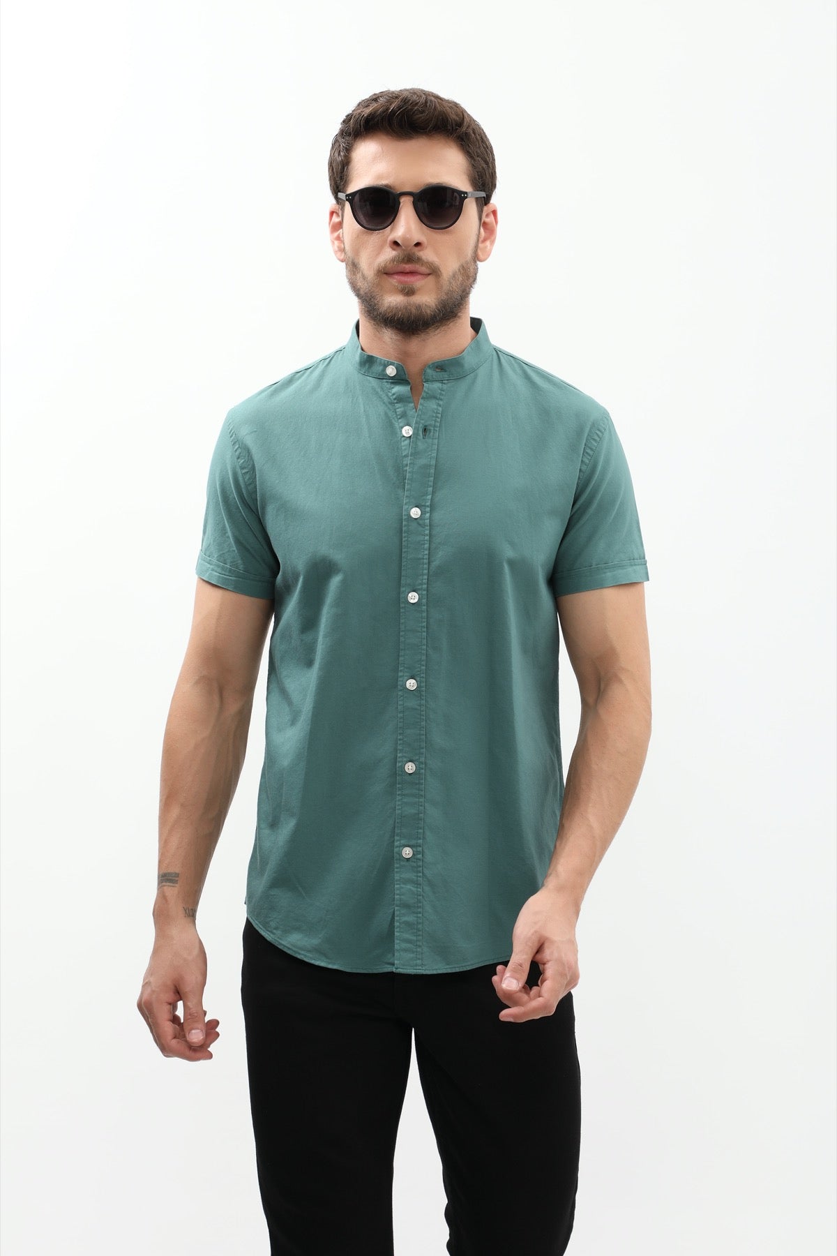 SHIRTSPRO Oxford Regular Fit Short Sleeve Shirt - Mao Collar - Antique Green