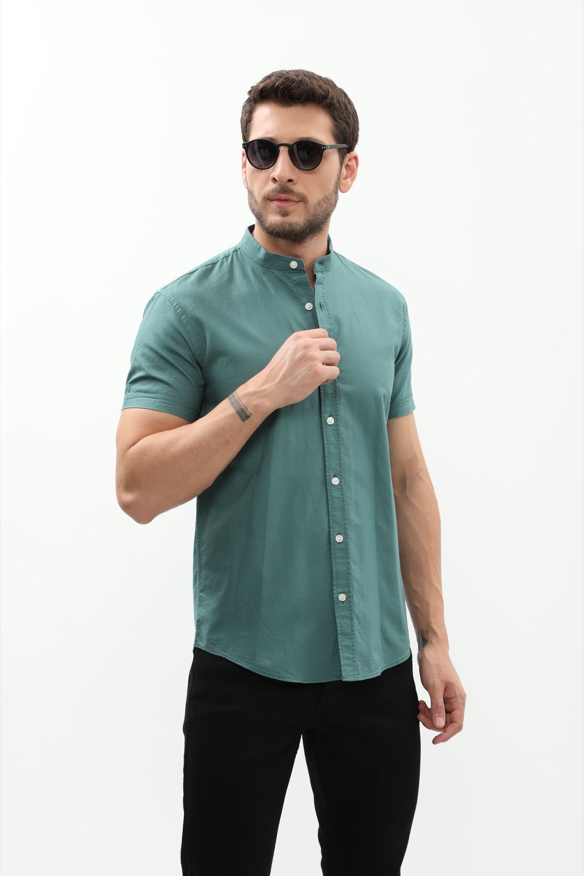 SHIRTSPRO Oxford Regular Fit Short Sleeve Shirt - Mao Collar - Antique Green
