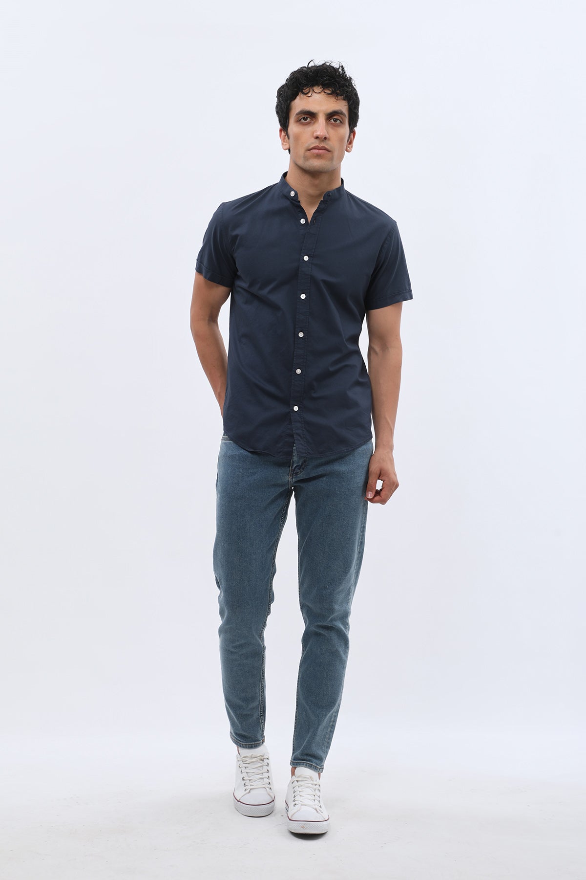 SHIRTSPRO Oxford Regular Fit Short Sleeve Shirt - Mao Collar - Blue Berry