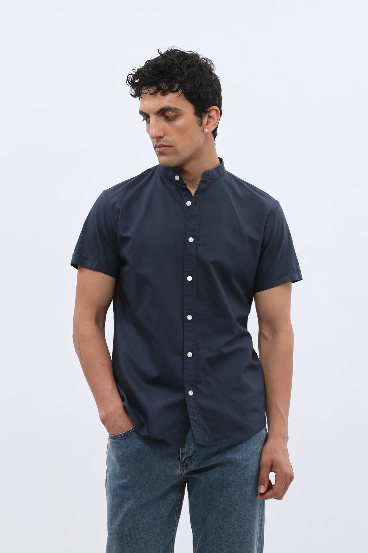 SHIRTSPRO Oxford Regular Fit Short Sleeve Shirt - Mao Collar - Blue Berry