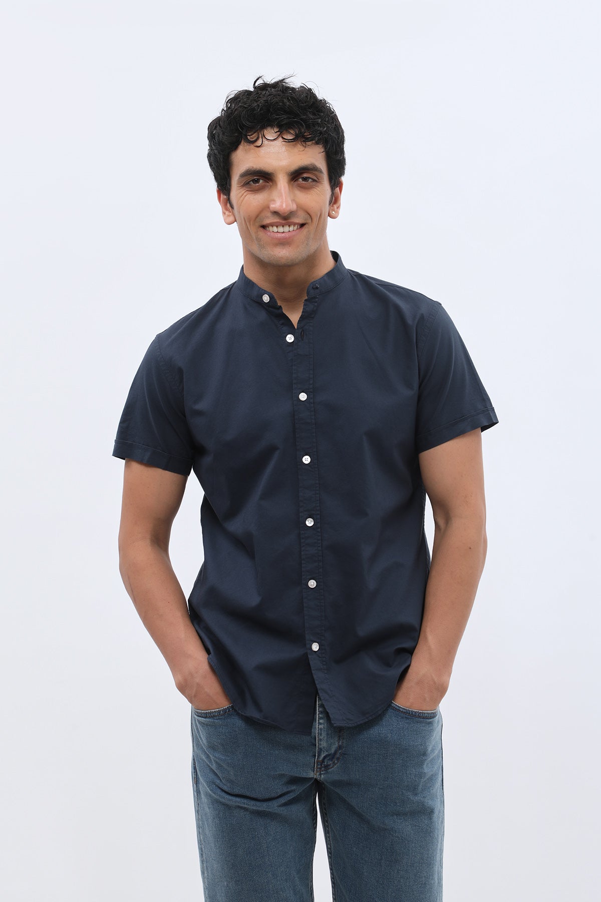 SHIRTSPRO Oxford Regular Fit Short Sleeve Shirt - Mao Collar - Blue Berry