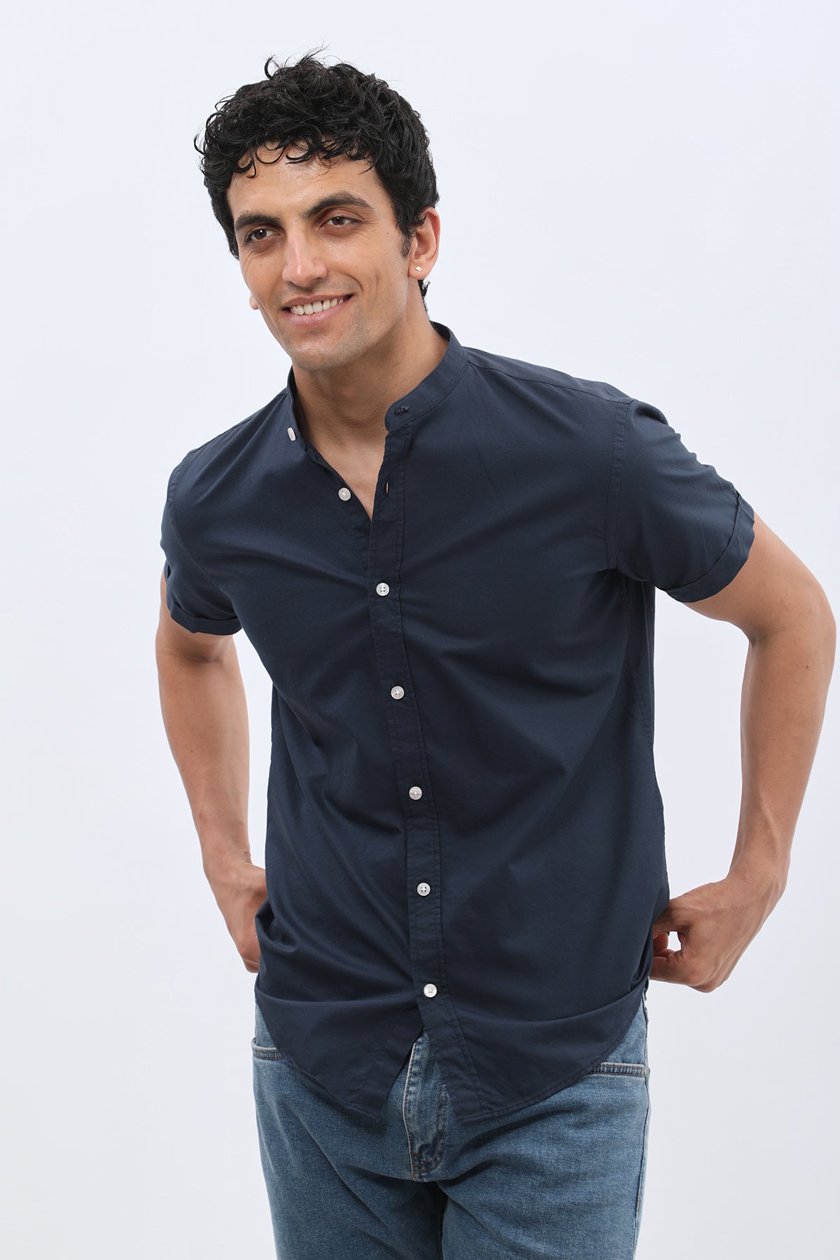 SHIRTSPRO Oxford Regular Fit Short Sleeve Shirt - Mao Collar - Blue Berry