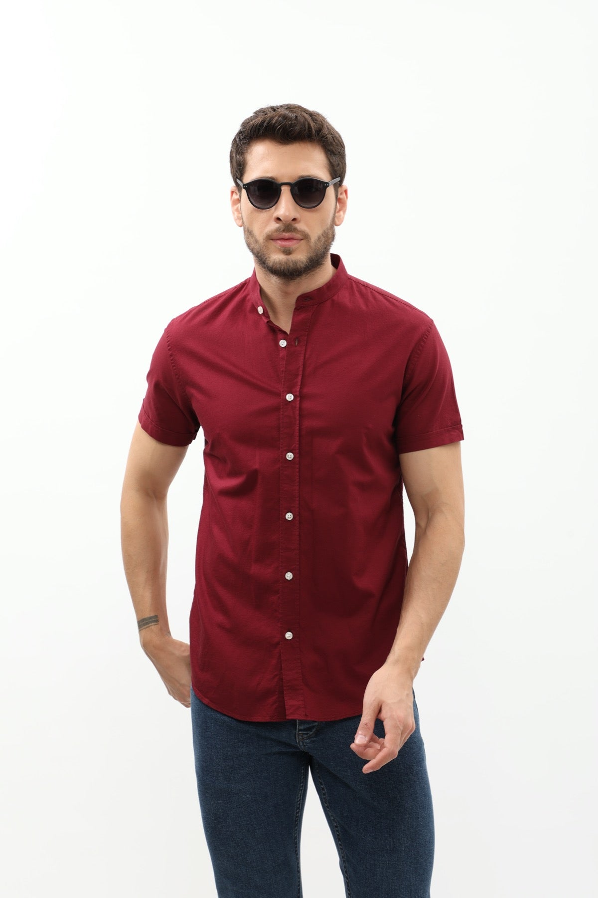 SHIRTSPRO Oxford Regular Fit Short Sleeve Shirt - Mao Collar - Bordo