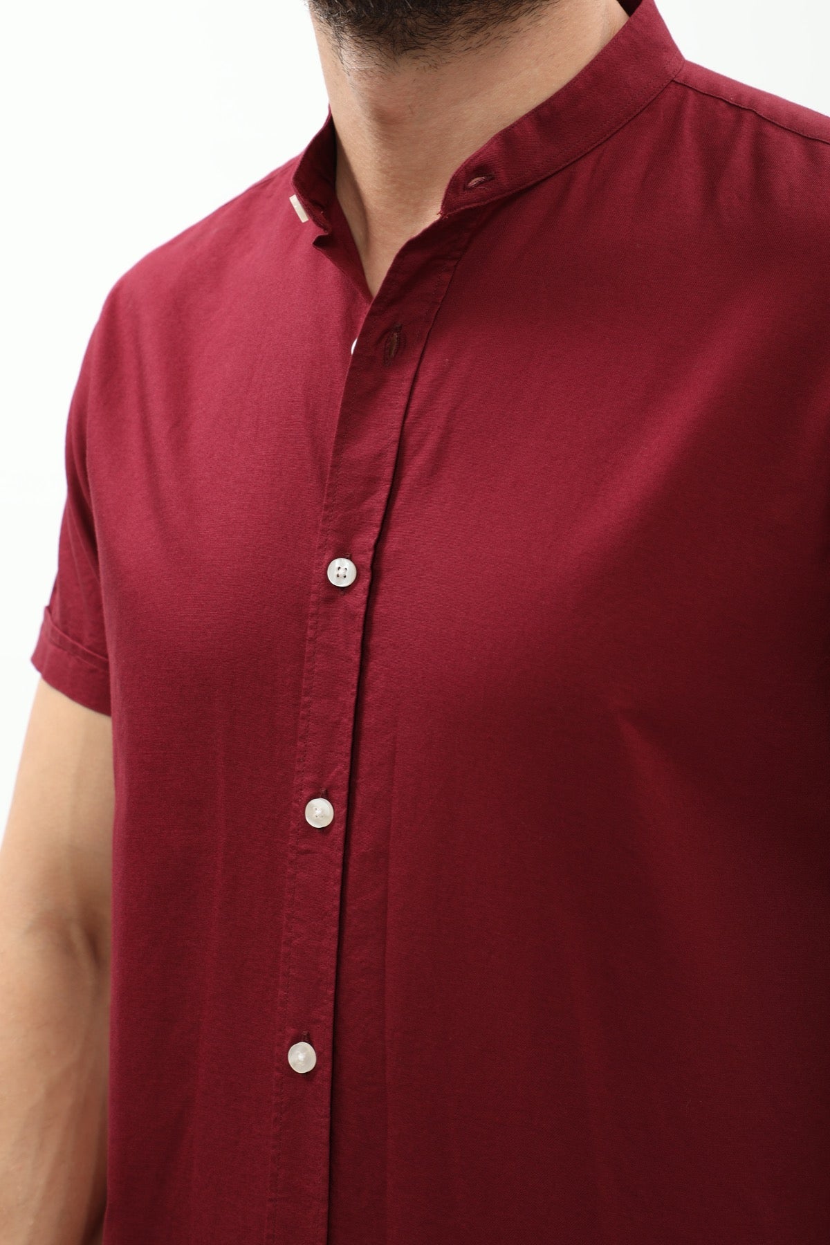 SHIRTSPRO Oxford Regular Fit Short Sleeve Shirt - Mao Collar - Bordo
