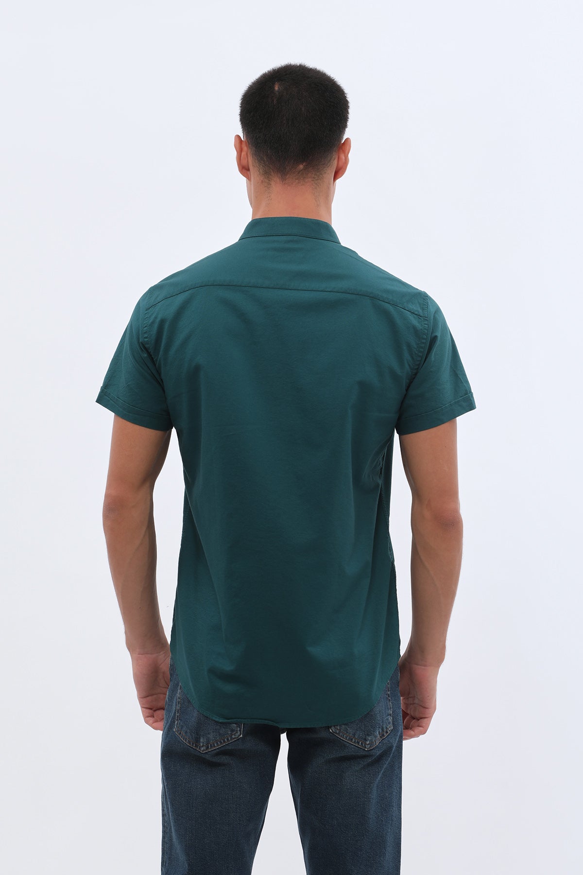 قميص أكسفورد بأكمام قصيرة وقبة ماندارين من SHIRTSPRO - لون تيل داكن