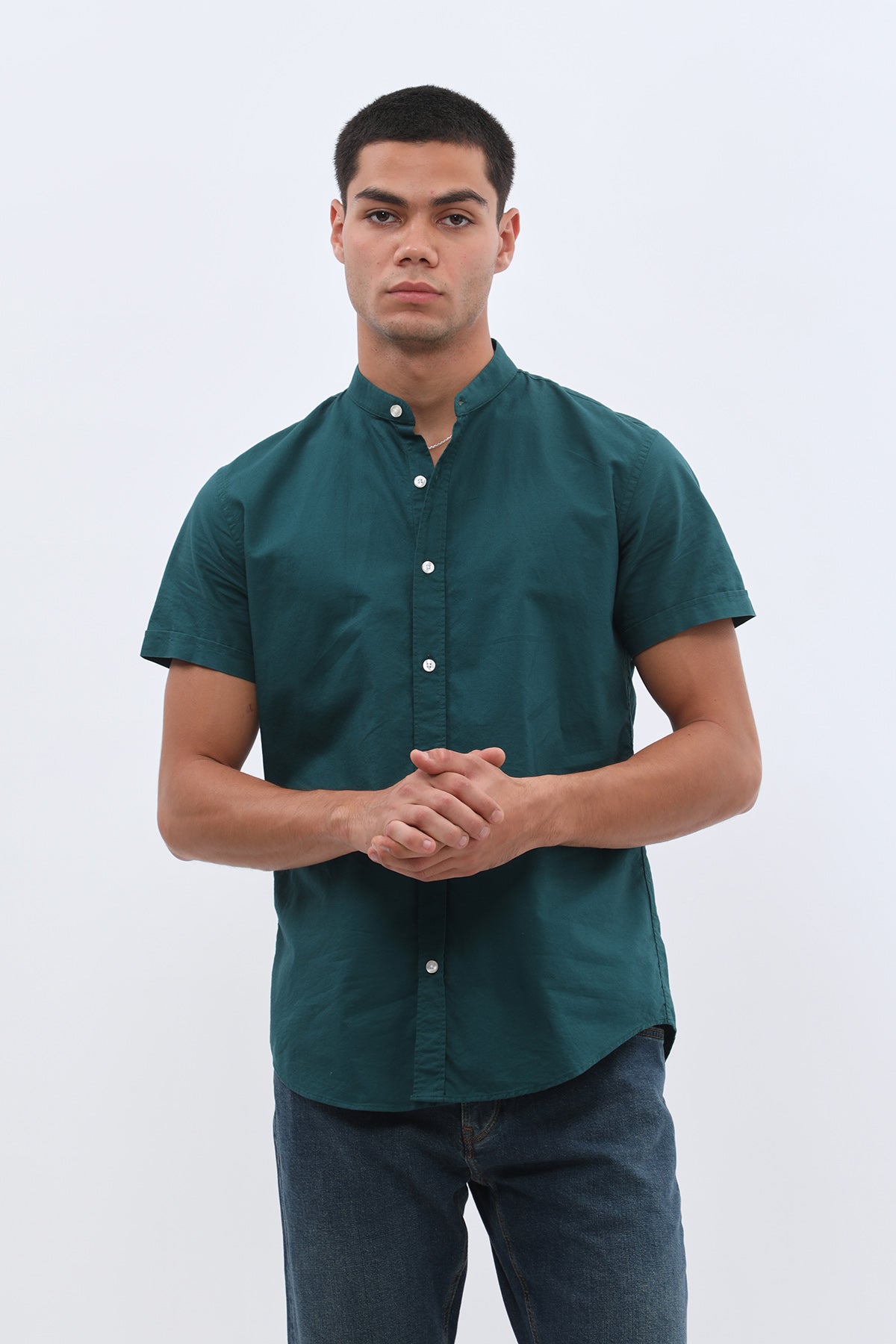 قميص أكسفورد بأكمام قصيرة وقبة ماندارين من SHIRTSPRO - لون تيل داكن
