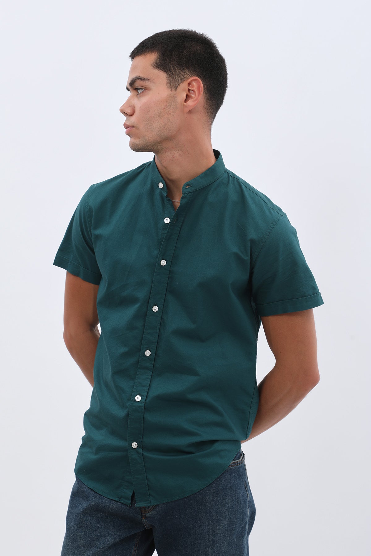 SHIRTSPRO Oxford Regular Fit Short Sleeve Shirt - Mao Collar - Deep Teal