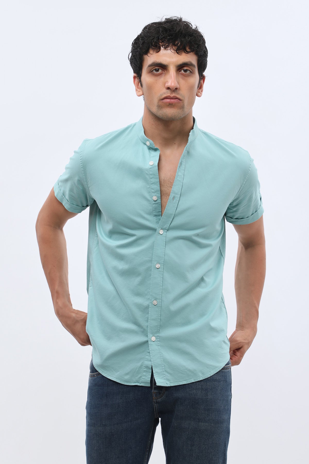 SHIRTSPRO Oxford Regular Fit Short Sleeve Shirt - Mao Collar - Dusty Turquoise