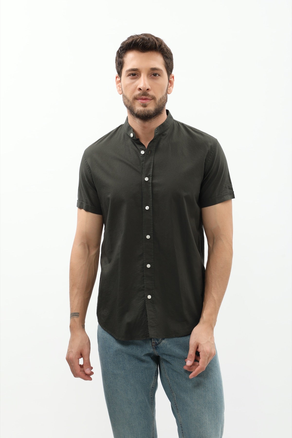 SHIRTSPRO Oxford Regular Fit Short Sleeve Shirt - Mao Collar - Green