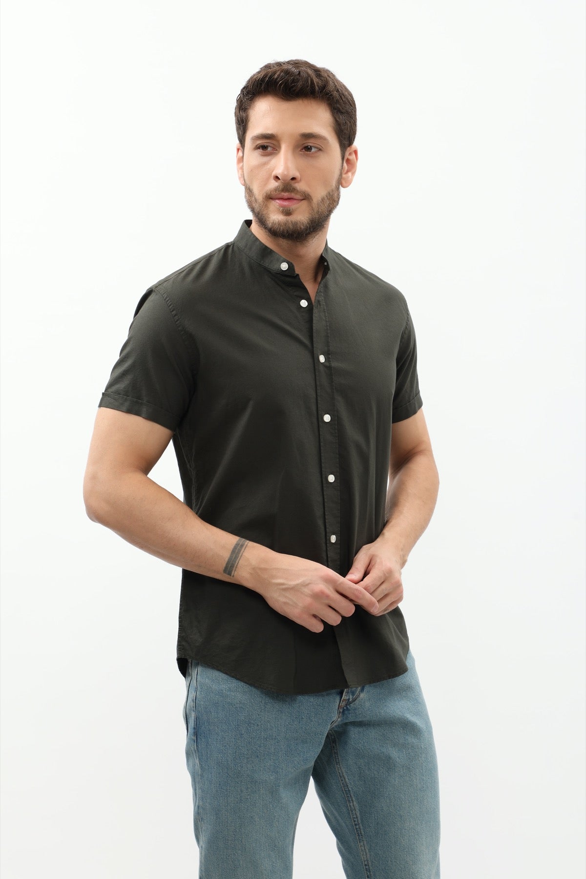 SHIRTSPRO Oxford Regular Fit Short Sleeve Shirt - Mao Collar - Green