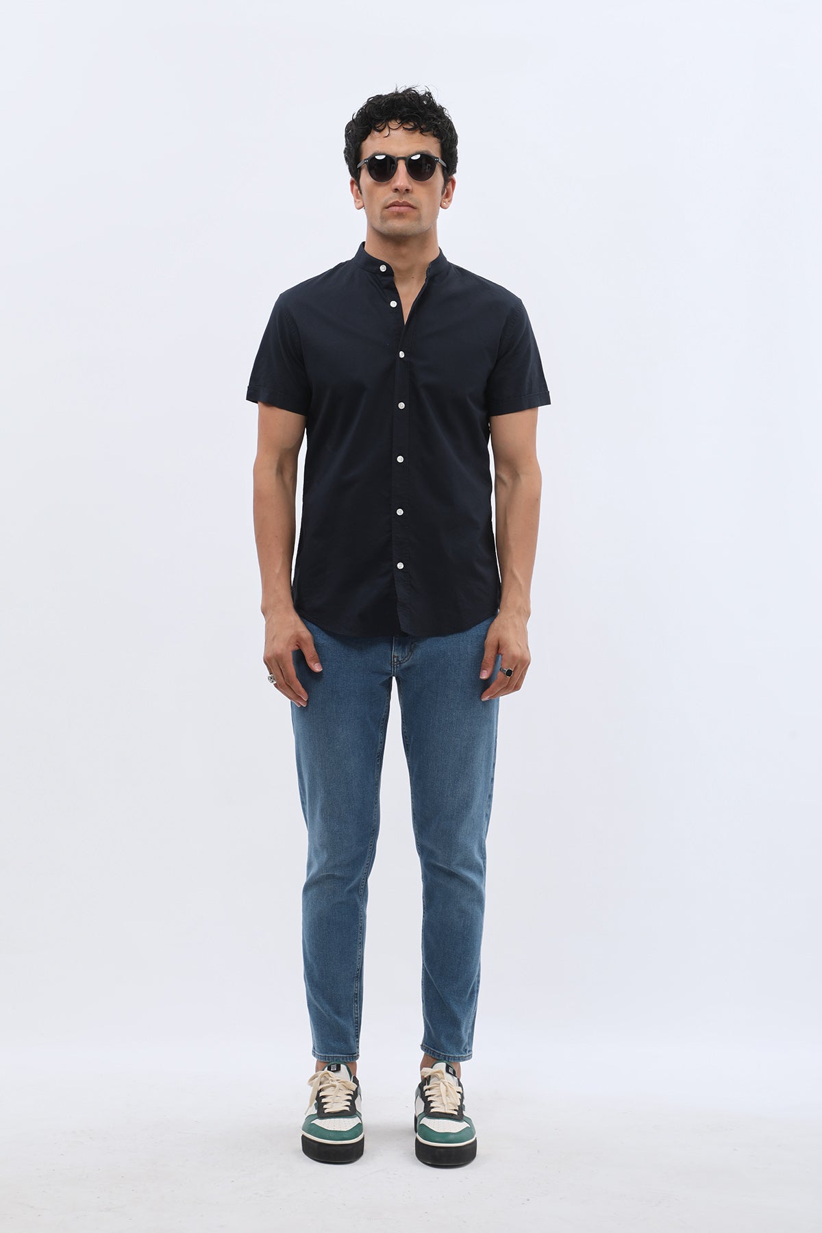 SHIRTSPRO Oxford Regular Fit Short Sleeve Shirt - Mao Collar - Navy