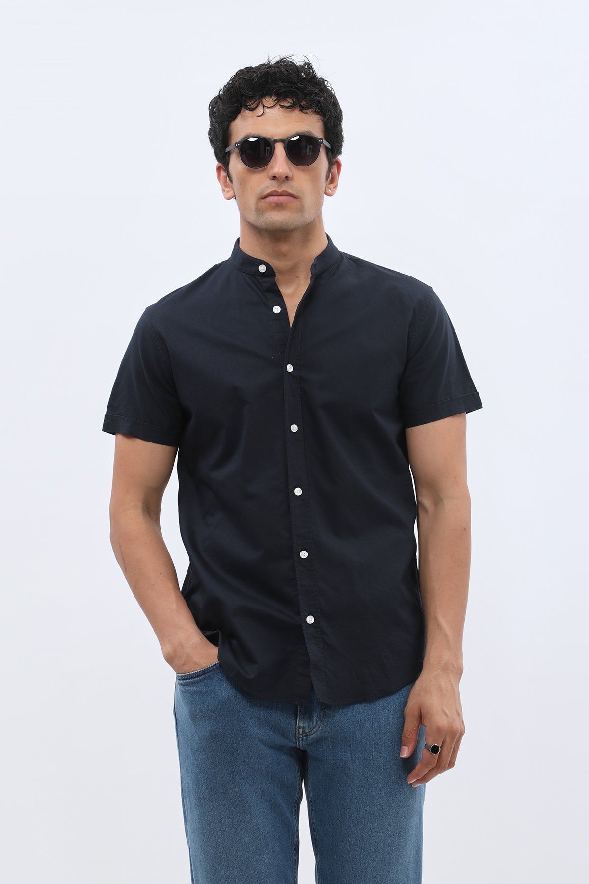 SHIRTSPRO Oxford Regular Fit Short Sleeve Shirt - Mao Collar - Navy