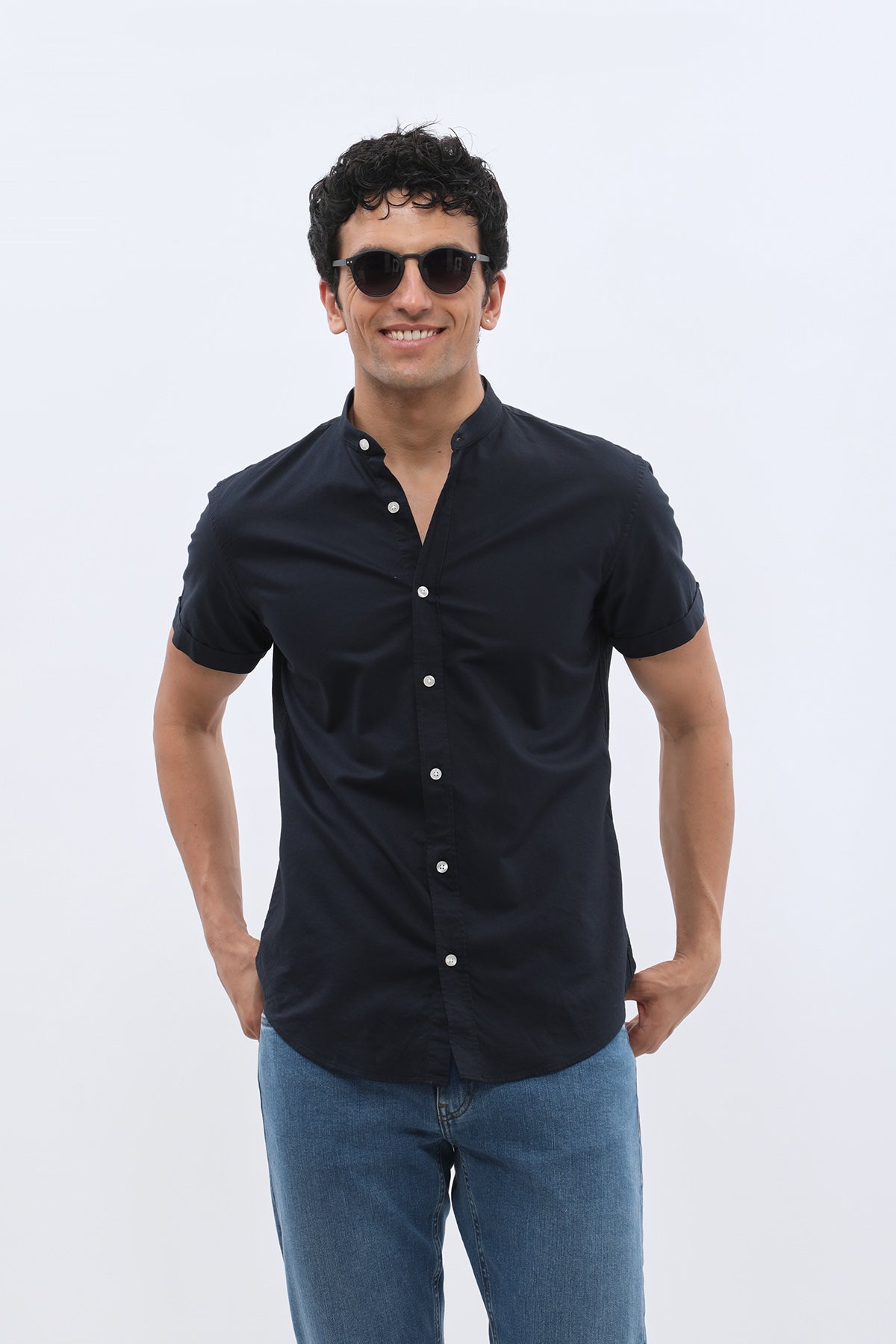 SHIRTSPRO Oxford Regular Fit Short Sleeve Shirt - Mao Collar - Navy