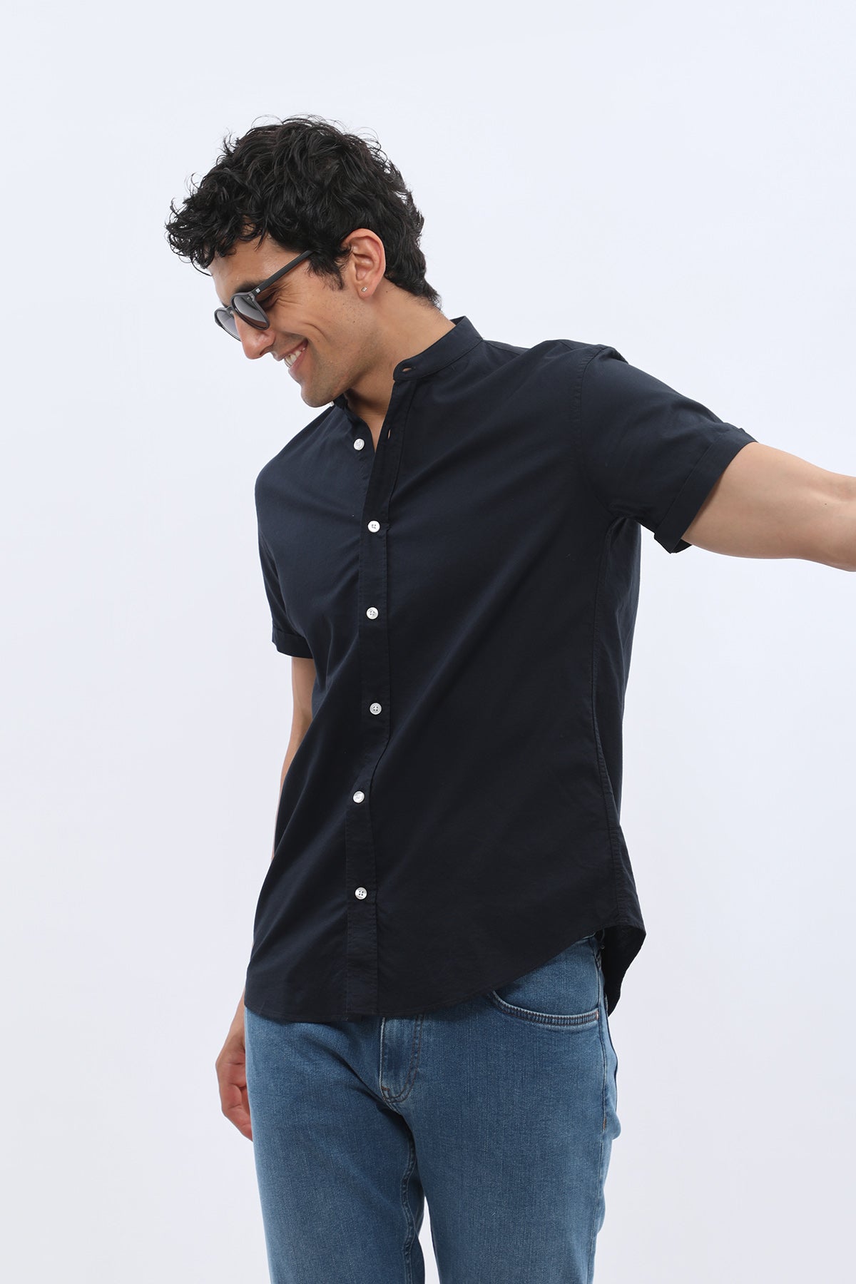 SHIRTSPRO Oxford Regular Fit Short Sleeve Shirt - Mao Collar - Navy