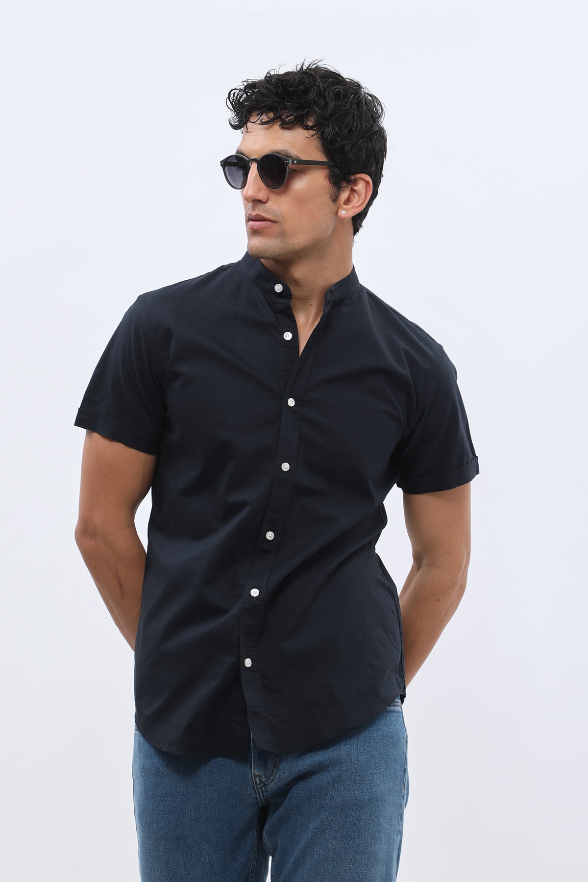 SHIRTSPRO Oxford Regular Fit Short Sleeve Shirt - Mao Collar - Navy
