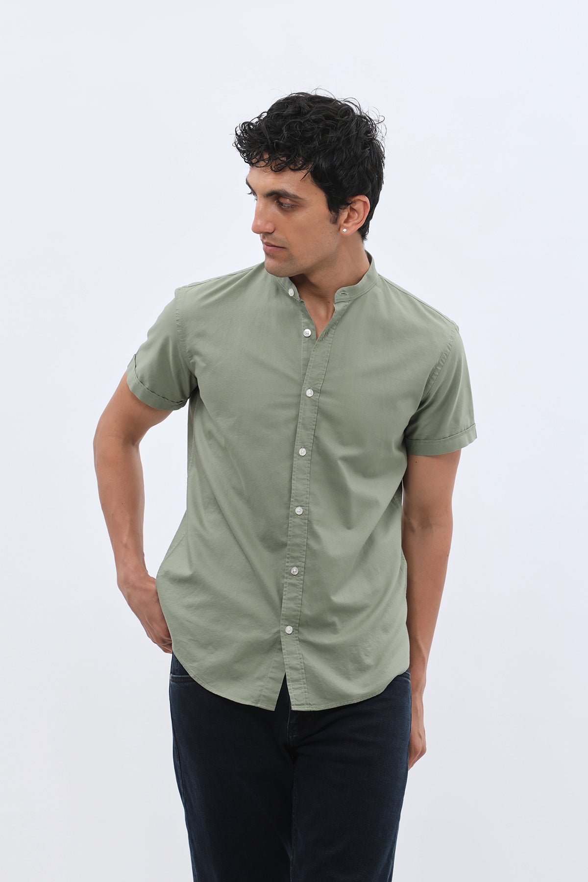 SHIRTSPRO Oxford Regular Fit Short Sleeve Shirt - Mao Collar - Oil Green