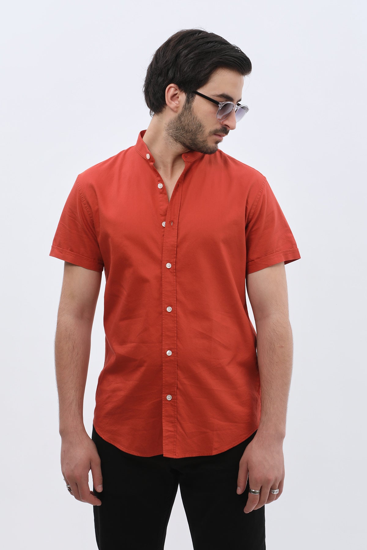 SHIRTSPRO Oxford Regular Fit Short Sleeve Shirt - Mao Collar - Picante