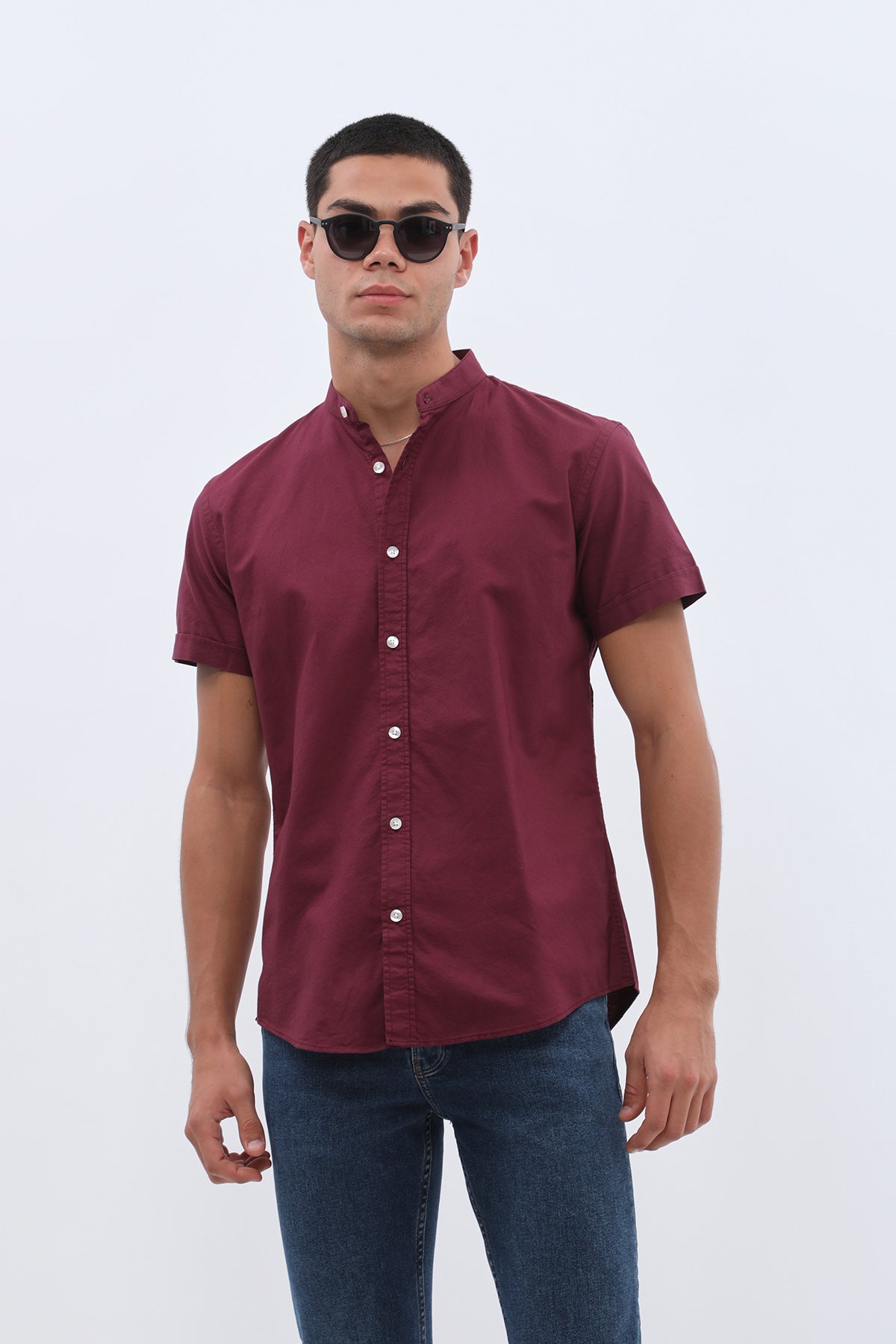 SHIRTSPRO Oxford Regular Fit Short Sleeve Shirt - Mao Collar - Potent Purple