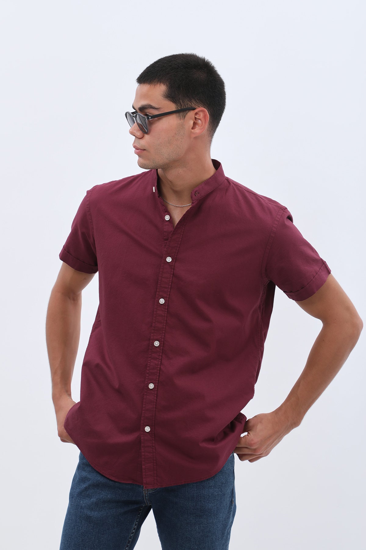 SHIRTSPRO Oxford Regular Fit Short Sleeve Shirt - Mao Collar - Potent Purple