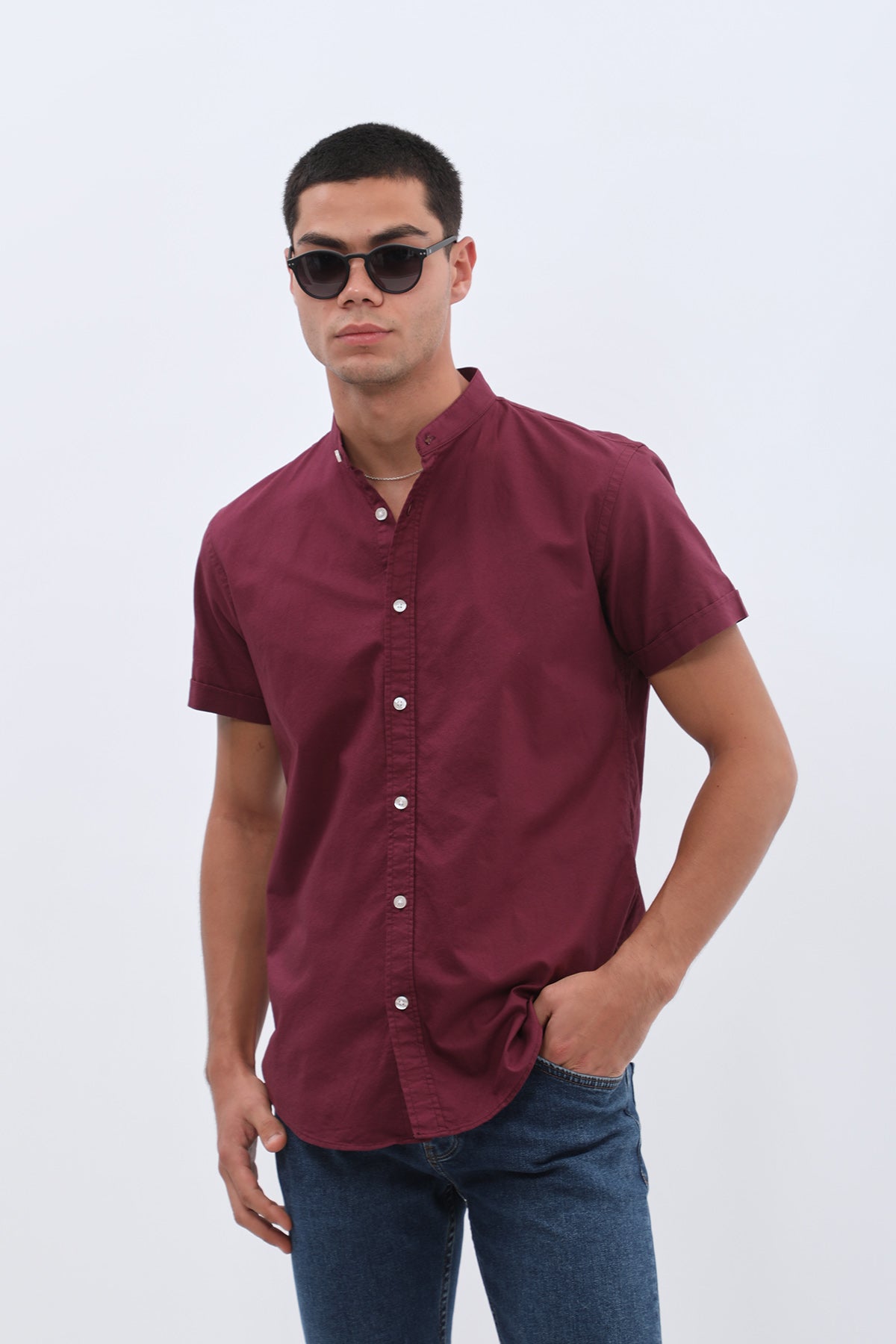 SHIRTSPRO Oxford Regular Fit Short Sleeve Shirt - Mao Collar - Potent Purple