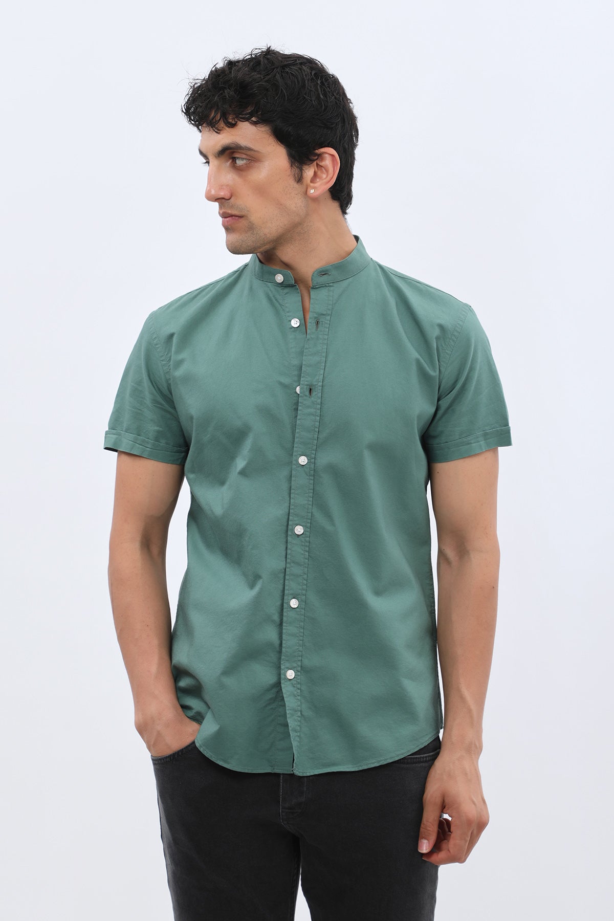SHIRTSPRO Oxford Regular Fit Short Sleeve Shirt - Mao Collar - Smoke Pine