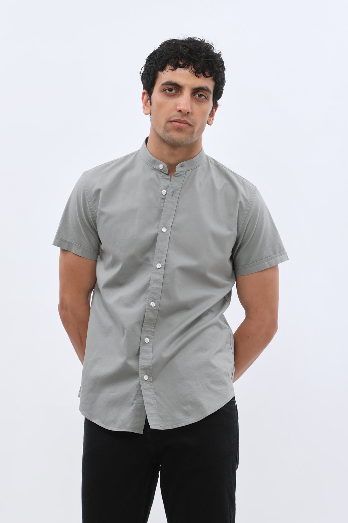 SHIRTSPRO Oxford Regular Fit Short Sleeve Shirt - Mao Collar - Wild Dove